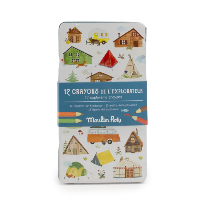 12 lápices de colores temática Explorador de la colección El Jardín de Moulin Roty| De Cáscara de Nuez | creatividad, manualidades, motricidad, coordinación ojo-mano, regalo.
