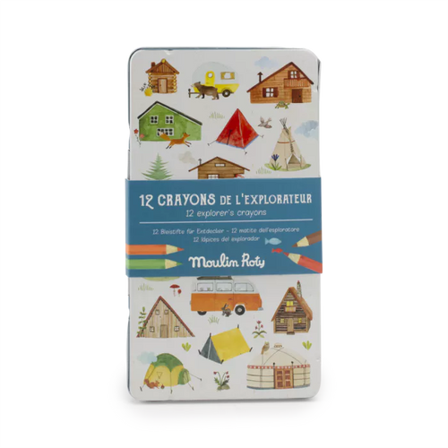 12 lápices de colores temática Explorador de la colección El Jardín de Moulin Roty| De Cáscara de Nuez | creatividad, manualidades, motricidad, coordinación ojo-mano, regalo.