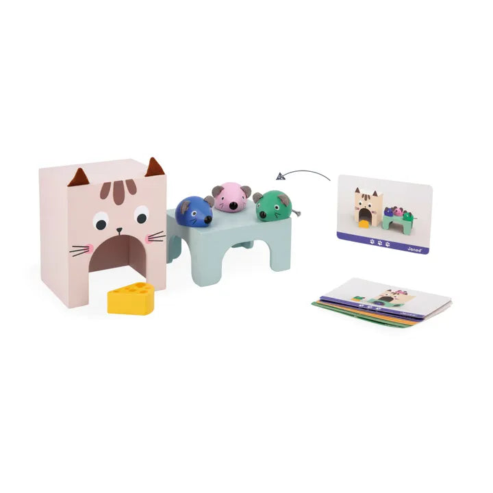 Orientarse en el espacio Ratoncitos y Gato de Janod| De Cáscara de Nuez | orientación espacial, lenguaje, vocabulario, comprensión oral, estimulación, profesionales