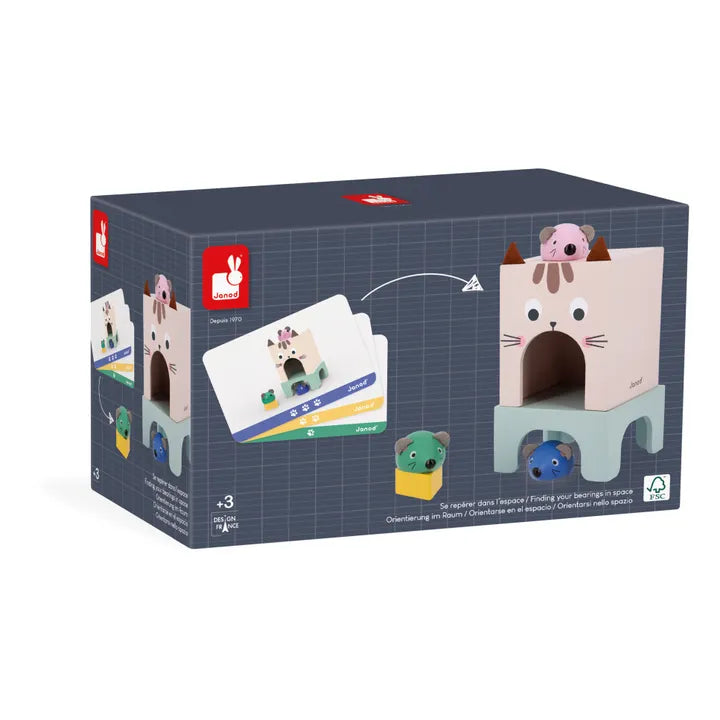 Orientarse en el espacio Ratoncitos y Gato de Janod| De Cáscara de Nuez | orientación espacial, lenguaje, vocabulario, comprensión oral, estimulación, profesionales,