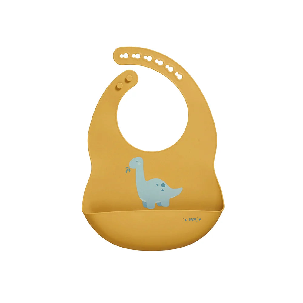 Babero de silicona de Saro color Mostaza Dinos| De Cáscara de Nuez | alimentación complementaria, silicona, bebé, fácil limpieza.