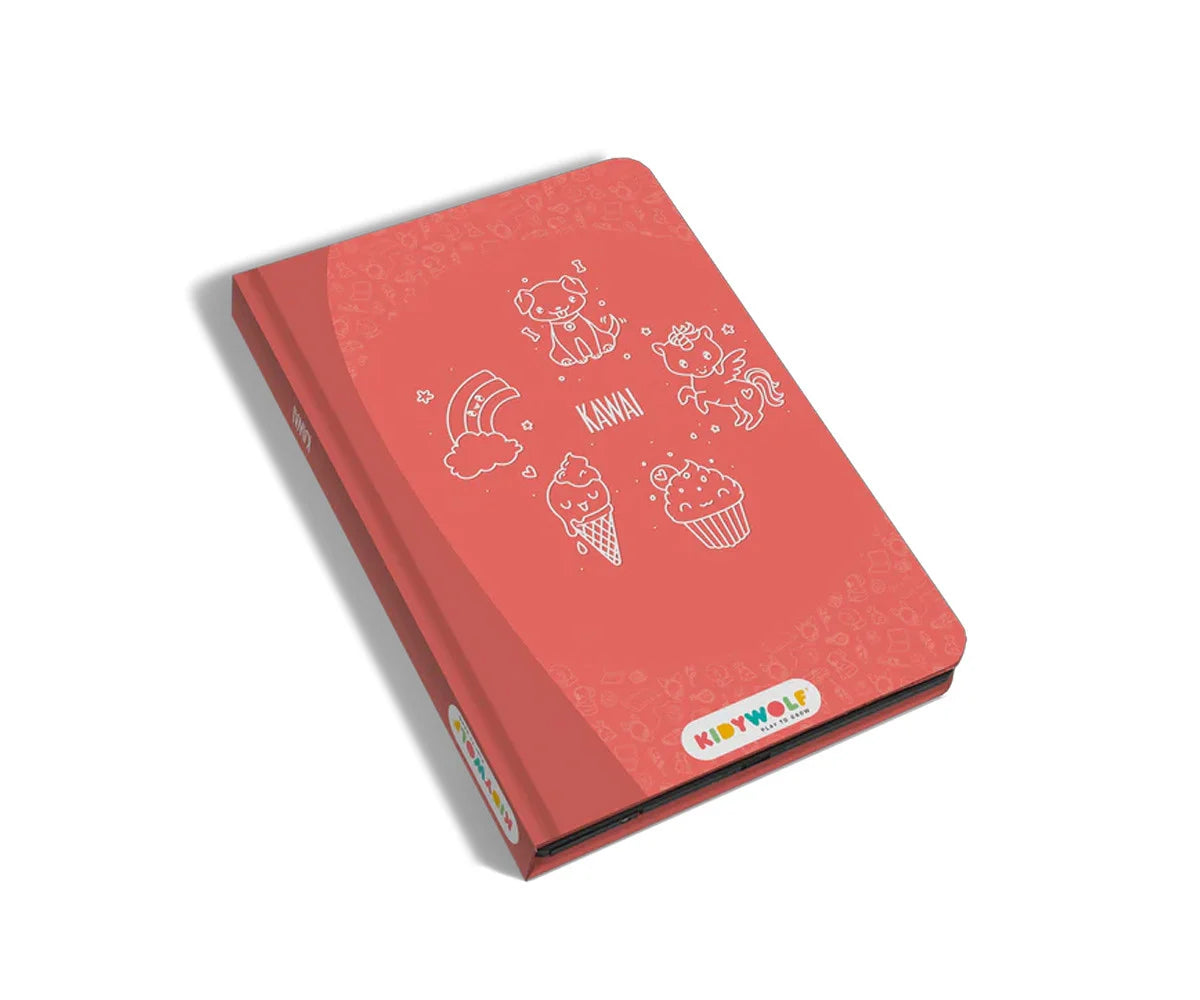 Kidydraw Mini Kawaii Kidywolf – Tablet de dibujo LCD con 30 ilustraciones transferibles kawaii en 5 temáticas, ligera y compacta | De Cáscara de Nuez | motricidad, juego formato viaje, concentración, creatividad, grafomotricidad.