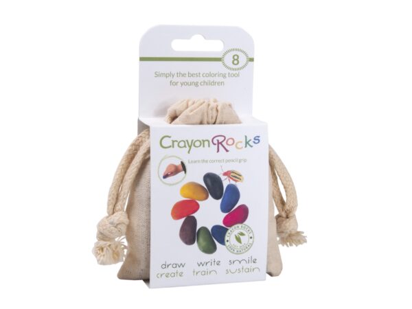 Crayon Rocks Bolsita de Algodón 8 Colores – Ceras de soja natural con pigmentos minerales y forma ergonómica para fortalecer el agarre y preparar la mano para la escritura, no tóxicas | De Cáscara de Nuez | ceras, soja, motricidad fina, colores, ergonómico, 2 años