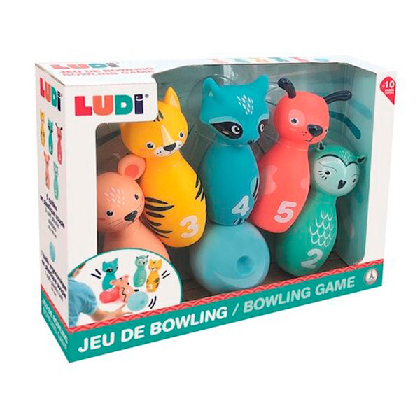 Bolos Ludi – Juego de bolos ligero y silencioso con textura agradable y bola de agarre ergonómico de tres dedos para bebés | De Cáscara de Nuez | bolos, coordinación, colores, animales, bebés, reconocimiento de núemros, reconocimiento de colores, lenguaje, vocabulario, destreza motora.
