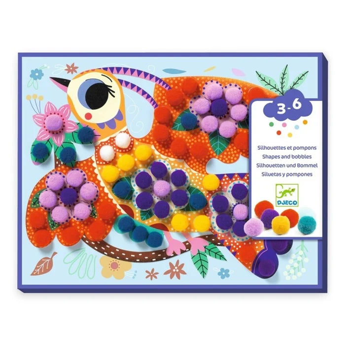 Collage Siluetas y Pompones Pájaros Djeco  | De Cáscara de Nuez | collage, pompones, manualidades, creatividad, motricidad, coordinación ojo-mano, atención, concentración.