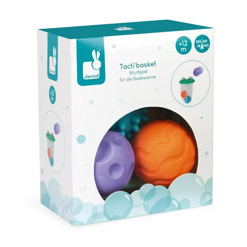 Tacti Basket de Janod – Canasta de baloncesto sensorial para el baño | De Cáscara de Nuez | motricidad, concentración, coordinación mano-ojo, bolas sensoriales, juego de baño, bebé
