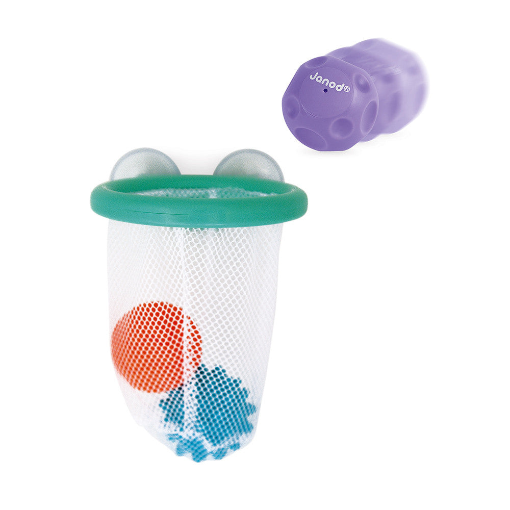 Tacti Basket de Janod – Canasta de baloncesto sensorial para el baño | De Cáscara de Nuez | motricidad, concentración, coordinación mano-ojo, bolas sensoriales, juego de baño, bebé
