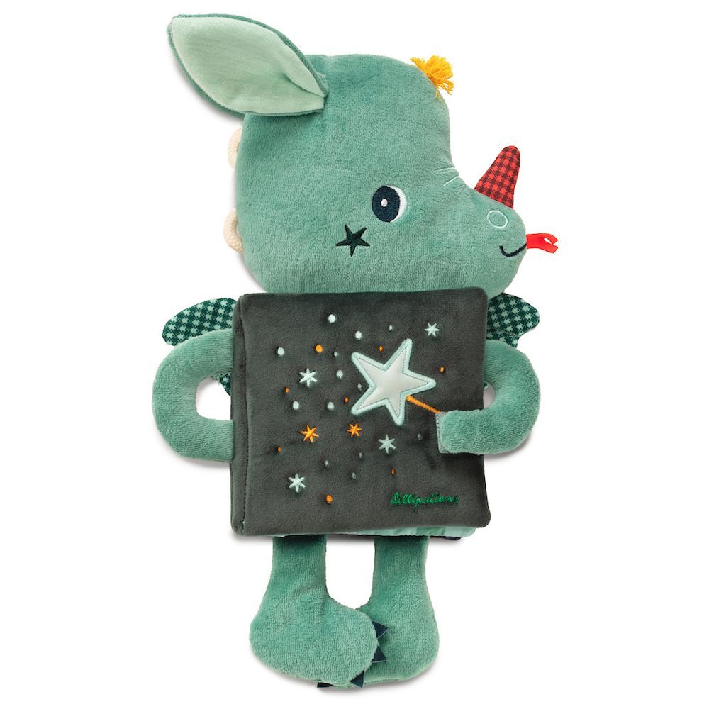 Libro mantita Joe el Dragón de Lilliputiens – Juguete sensorial para bebés | De Cáscara de Nuez | relajación, vínculo afectivo, estimulación sensorial, luz nocturna, bebé, mantita
