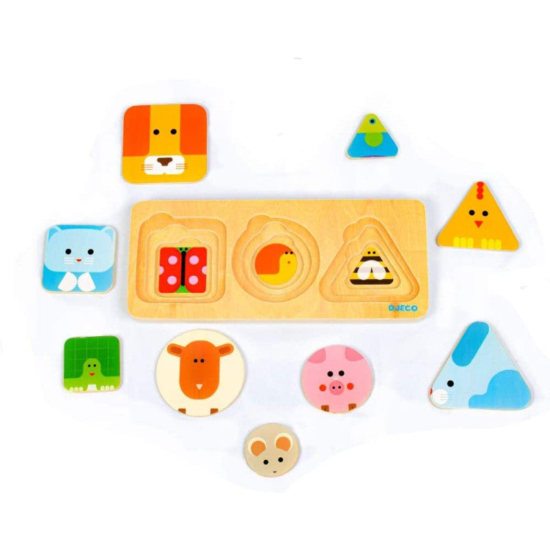 Puzzle Encajable Anima Basic Djeco – Encajable de madera con formas geométricas y animales para bebés | De Cáscara de Nuez | encajable, madera, formas, bebés, motricidad fina, colores, tamaños, terapia, profesionales, atención.