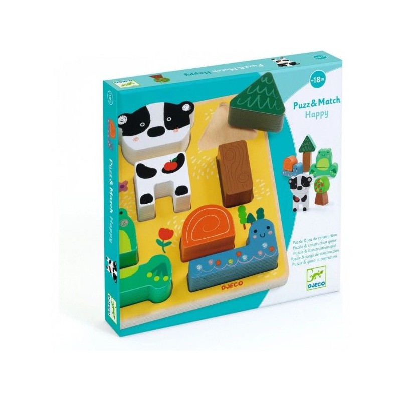 Encajable Puzz & Match Happy Djeco – Puzzle de madera con piezas apilables de animales | De Cáscara de Nuez | motricidad fina, encajable, madera, bebés, imaginación