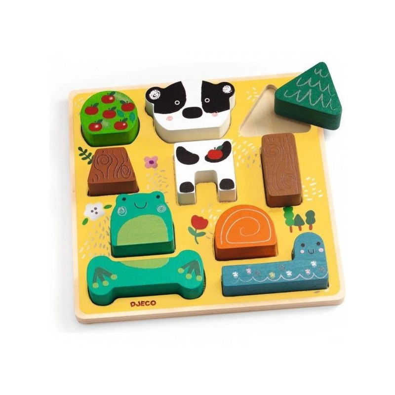 Encajable Puzz & Match Happy Djeco – Puzzle de madera con piezas apilables de animales | De Cáscara de Nuez | motricidad fina, encajable, madera, bebés, imaginación