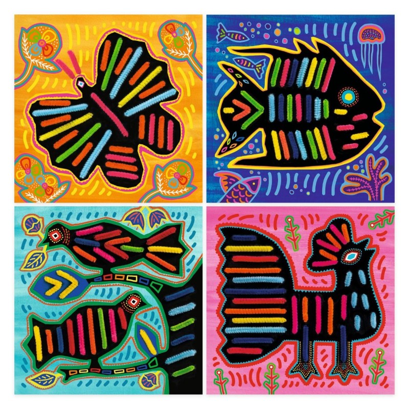 Arte Kuna con hilos de felpilla de Djeco | De Cáscara de Nuez | motricidad fina, creatividad, concentración, expresión emocional