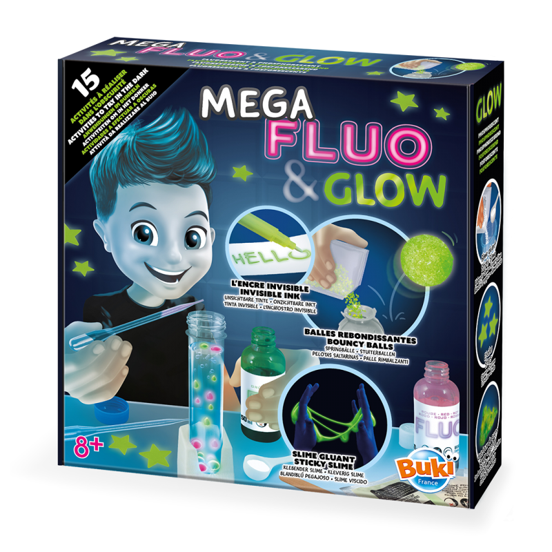Minilab Fluo & Glow de Buki – Kit de experimentos que brillan en la oscuridad | De Cáscara de Nuez | curiosidad científica, experimentación, creatividad, fosforescente, ciencia, manualidades
