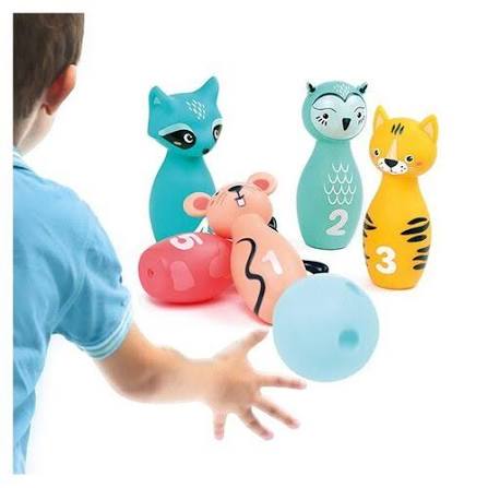Bolos Ludi – Juego de bolos ligero y silencioso con textura agradable y bola de agarre ergonómico de tres dedos para bebés | De Cáscara de Nuez | bolos, coordinación, colores, animales, bebés, reconocimiento de núemros, reconocimiento de colores, lenguaje, vocabulario, destreza motora.