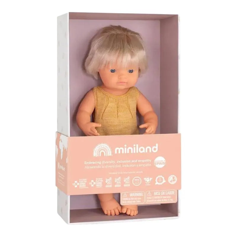 Muñeco caucásica rubia con implante coclear, de  38 cm  y de la colección Colourful de Miniland| De Cáscara de Nuez| juguete inclusivo para fomentar la empatía y la amistad, mentar la diversidad y la igualdad desde la infancia