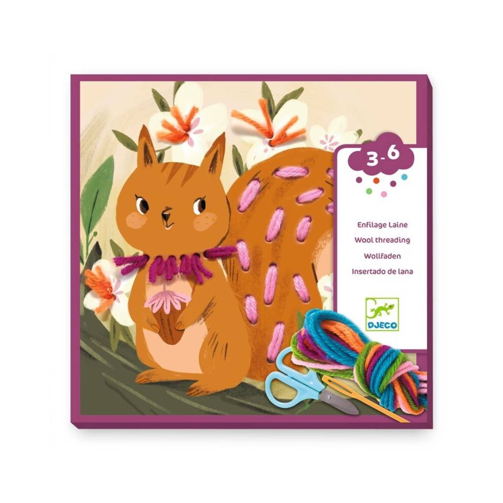 Ensartes Experimentos con Hilos Djeco – Set de enhebrado con 4 láminas de animales perforadas, hilos de colores y aguja segura para niños | De Cáscara de Nuez | ensartes, enhebrado, motricidad fina, manualidades, coordinación ojo-mano, concentración, atención.