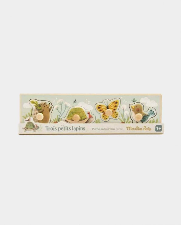 Puzzle Encajable 4 animales Trois Petits Lapins de Moulin Roty | De Cáscara de Nuez | coordinación mano-ojo, motricidad, vocabulario, bebés. 
