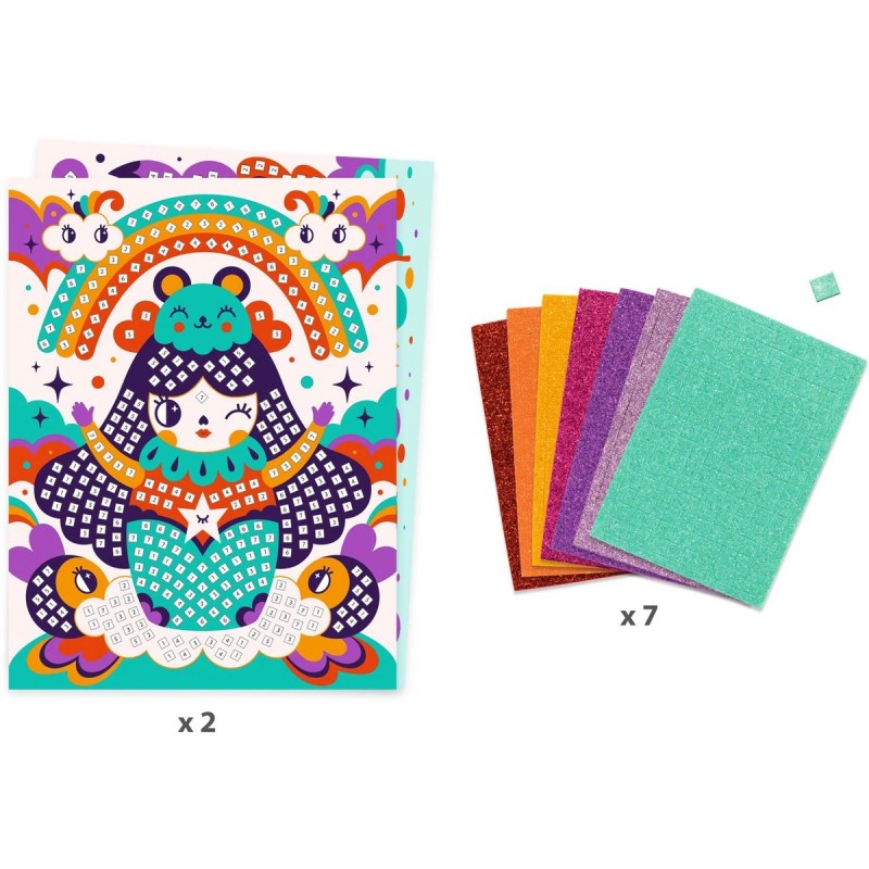 Mosaicos Kokeshi de Djeco | De Cáscara de Nuez | concentración, motricidad fina, creatividad, atención
