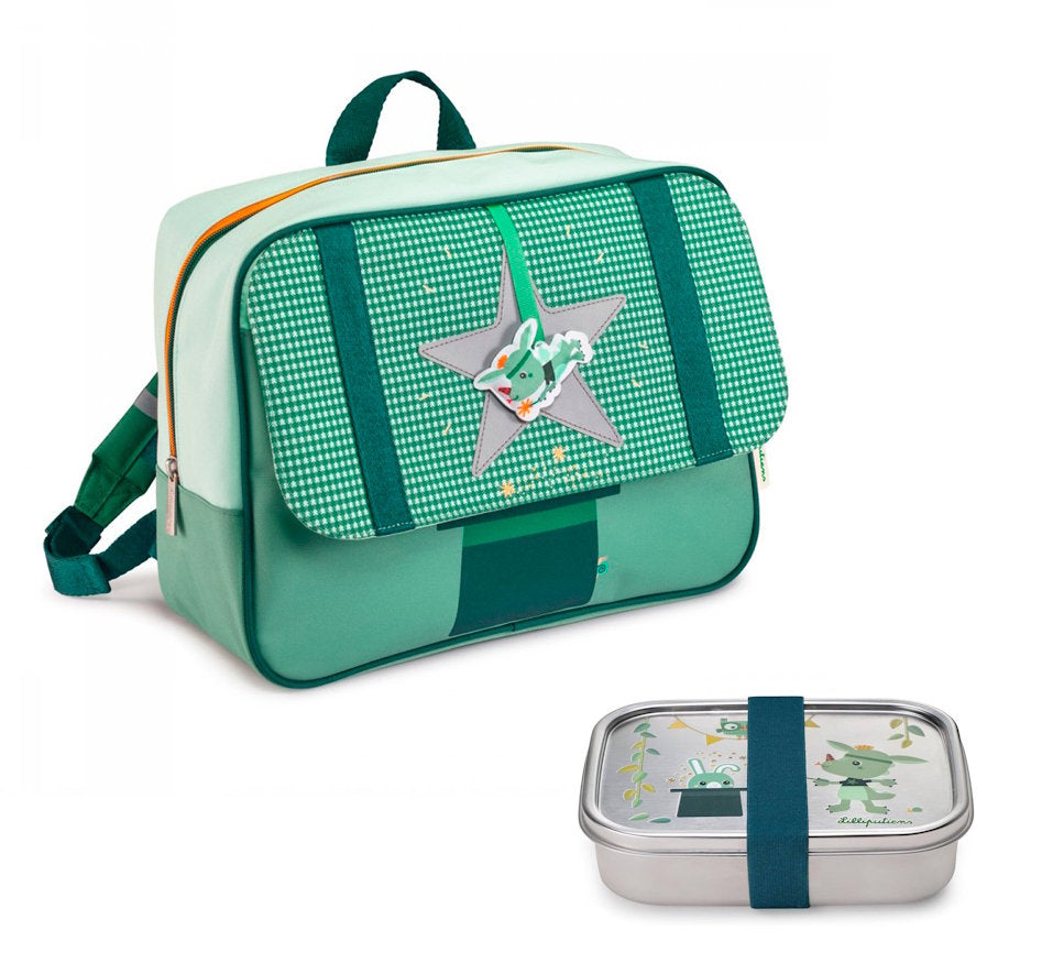 Pack mochila y fiambrera Magic Joe de Lilliputiens – Mochila escolar con fiambrera | De Cáscara de Nuez | autonomía, hábitos saludables, vuelta al cole, material reciclado, sostenibilidad