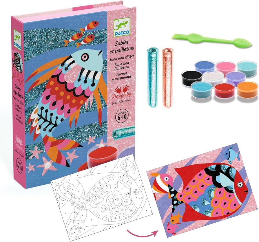 Arenas y Purpurinas Peces Arcoíris Djeco – Manualidad de arena coloreada para crear cuadros de peces | De Cáscara de Nuez | manualidades, arena coloreada, purpurinas, creatividad, motricidad fina, Djeco