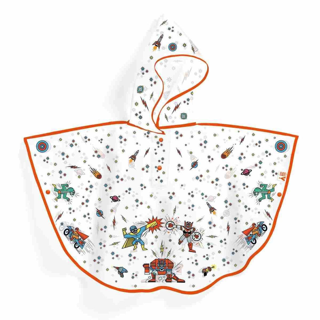 Poncho de lluvia Super Héroes de Djeco| De Cáscara de Nuez| Poncho de lluvia impermeable con ilustraciones de superhéroes de Djeco, capa infantil con capucha ajustable para niños de 5 a 7 años