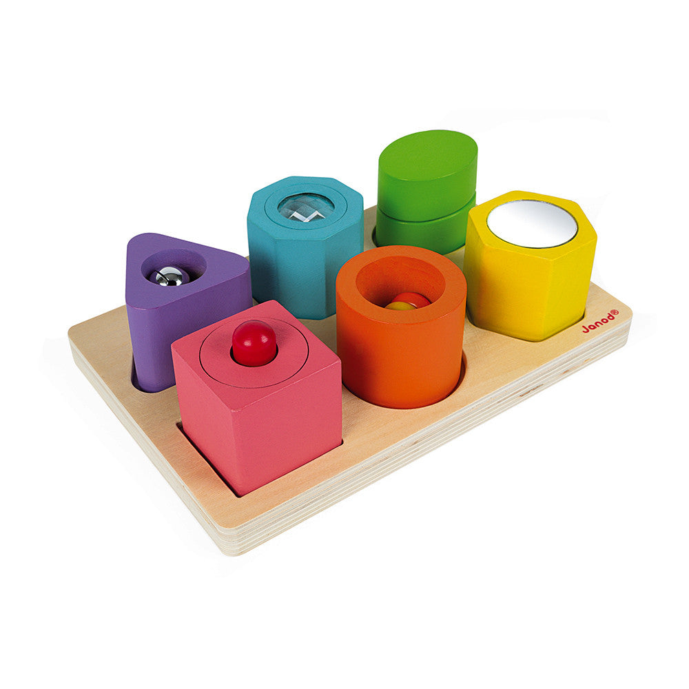 Puzzle 6 figuras sensoriales de Janod | De Cáscara de Nuez | primeros juegos, integración sensorial, reconocimiento de colores y formas.