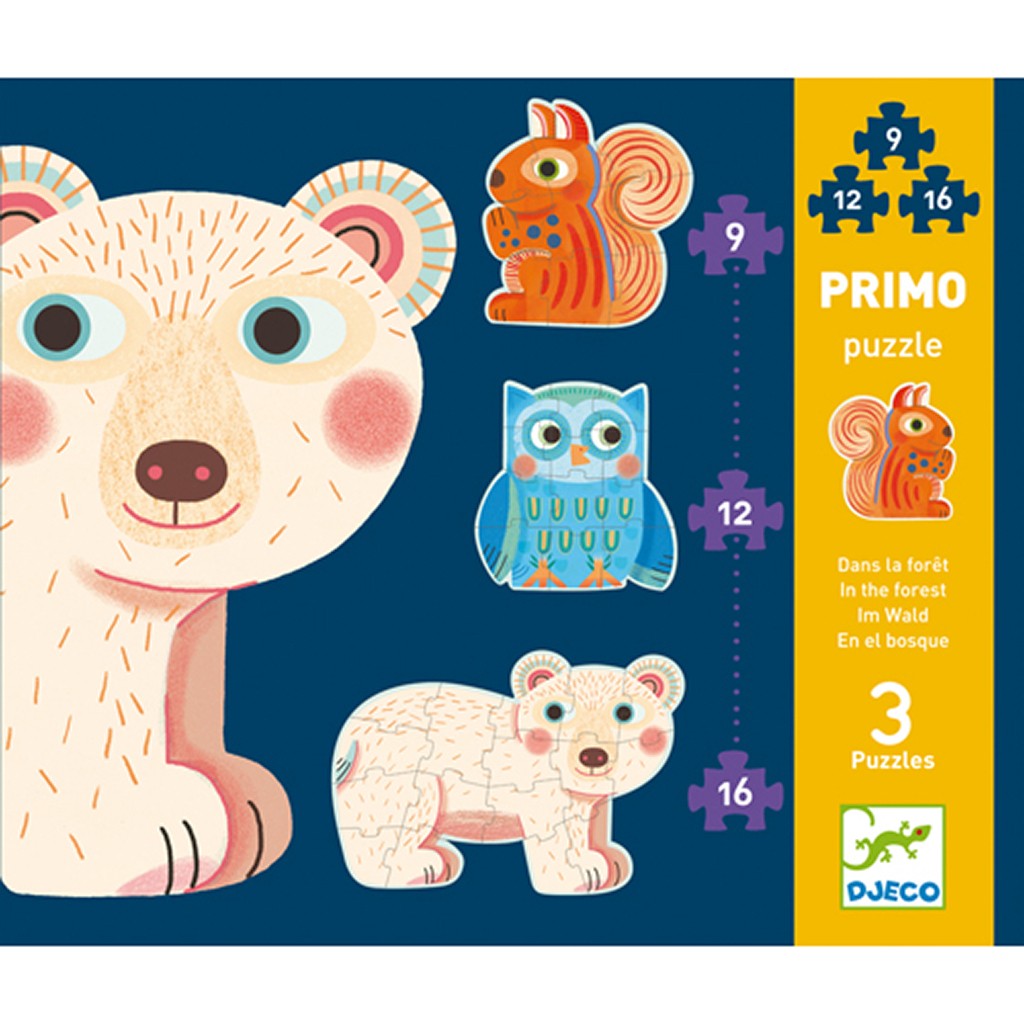 `Puzzle Evolutivo en el Bosque Djeco – Set de 3 puzzles de dificultad creciente con ardilla, búho y oso | De Cáscara de Nuez | puzzle, madera, animales, bosque, Djeco, 2 años`