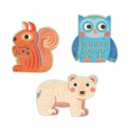`Puzzle Evolutivo en el Bosque Djeco – Set de 3 puzzles de dificultad creciente con ardilla, búho y oso | De Cáscara de Nuez | puzzle, madera, animales, bosque, Djeco, 2 años`