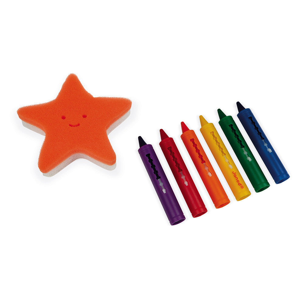 Set de 6 Ceras de baño y Esponja de Janod | De Cáscara de Nuez | creatividad, motricidad fina, expresión emocional, juego libre