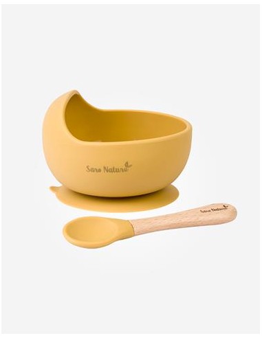 Bowl con cuchara Mostaza de Saro | De Cáscara de Nuez | autonomía, exploración sensorial, alimentación complementaria, silicona, bebé